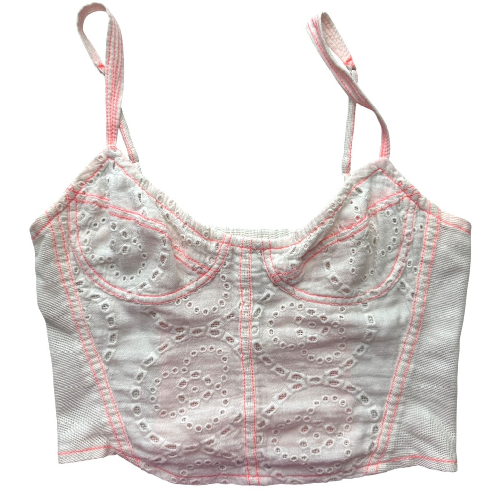 Intimately Free People Crop Top XS White Eyelet Bustier Neon Pink Stitching‎